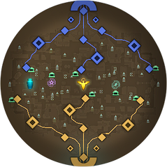 Image of the Deadlock minimap as it appears at 12:00 with no units on it. Has the icons for 6 small camps, 26 medium camps, 8 hard camps, 2 vault camps, the Soul Urn and 2 Runes added on top of the initial map state.