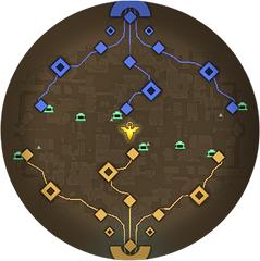 Image of the Deadlock minimap as it appears at 2:00 with no units on it. Has the icons for 6 small camps added on top of the initial map state.