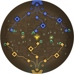 Image of the Deadlock minimap as it appears at 5:00 with no units on it. Has the icons for 6 small camps and 26 medium camps added on top of the initial map state.