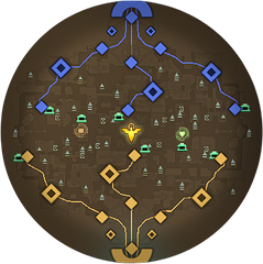 Image of the Deadlock minimap as it appears at 8:00 with no units on it. Has the icons for 6 small camps, 26 medium camps, 8 hard camps, and 2 vault camps added on top of the initial map state.